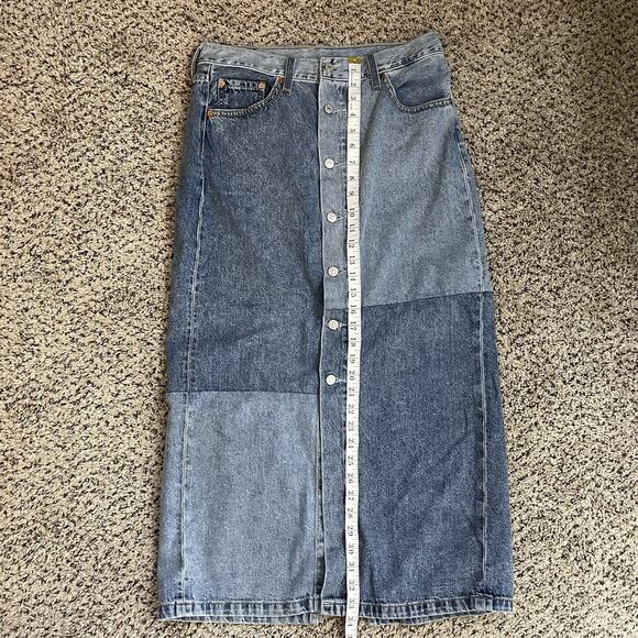 LEVI'S Premium Button Patchwork Denim Midi Skirt Back Slit Retro Boho 70's 29 - Picture 10 of 10